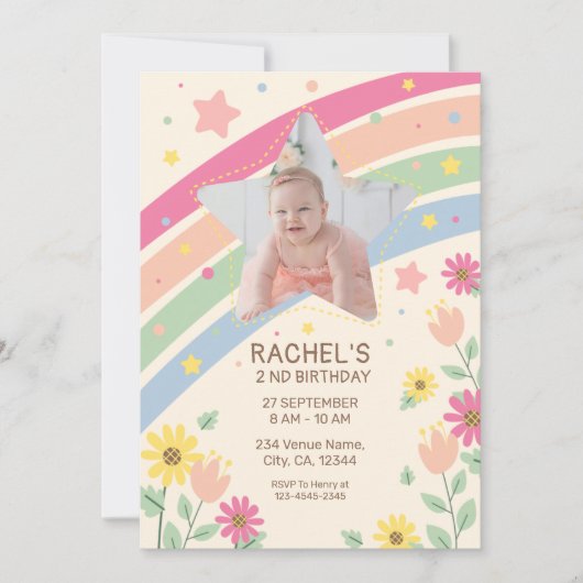 Foto van Pastel Rainbow Girl: Birthday Party Kaart (Voorkant)