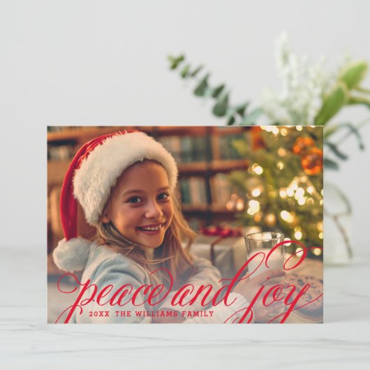 Foto van Peace and Joy Red Handwrite Feestdagenkaart (Staand voorkant)