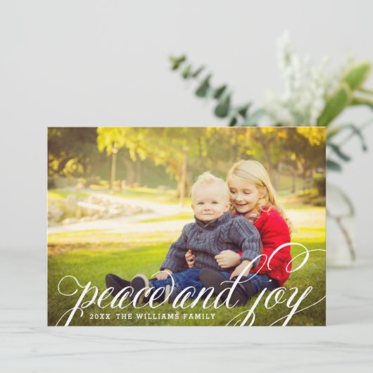 Foto van Peace and Joy White Handwrited Script Feestdagenkaart (Staand voorkant)