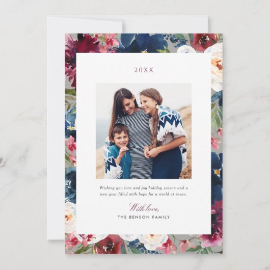 Foto van Peace and Love Burgundy en Navy Floral Feestdagenkaart (Achterkant)