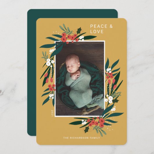 Foto van Peace & Love Festive Cranberry & Foliage Feestdagenkaart (Voorkant / Achterkant)