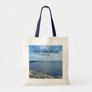 Foto van Peaceful Blue Atlantic Ocean Bible Verse Tote Bag