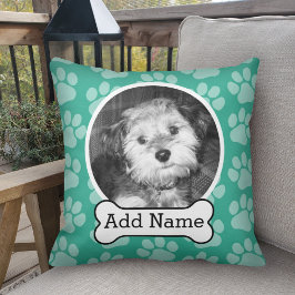 Foto van Pet met Dog Bone en Paw Prints Green Kussen