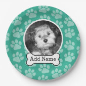 Foto van Pet met Dog Bone en Paw Prints Green Papieren Bordje (Voorkant)