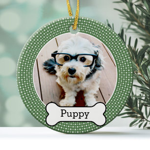 Foto van Pet met Dog Bone - groene polka dots Keramisch Ornament