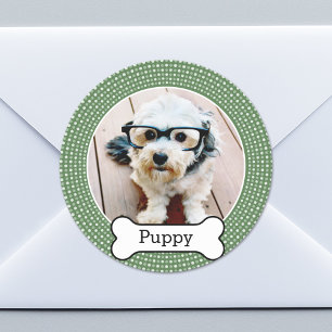 Foto van Pet met Dog Bone - groene polka dots Ronde Sticker