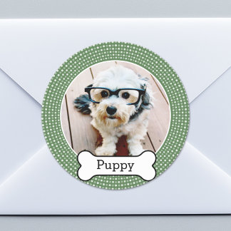 Foto van Pet met Dog Bone - groene polka dots Ronde Sticker