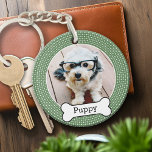 Foto van Pet met Dog Bone - groene polka dots Sleutelhanger<br><div class="desc">Perfect familiecadeau! Personaliseer met uw foto. Als u de foto of het type moet aanpassen,  klik hierboven op de knoop AANPASSEN.</div>