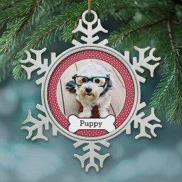 Foto van Pet met Dog Bone - rode polka dots Tin Sneeuwvlok Ornament
