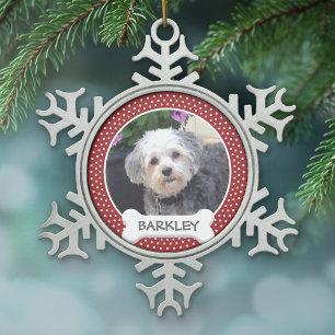Foto van Pet met Dog Bone - rode polka dots Tin Sneeuwvlok Ornament
