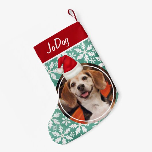 Foto van Pet met Red Santa Hat Green Snowflakes Kleine Kerstsok (Achterkant (Hangend))