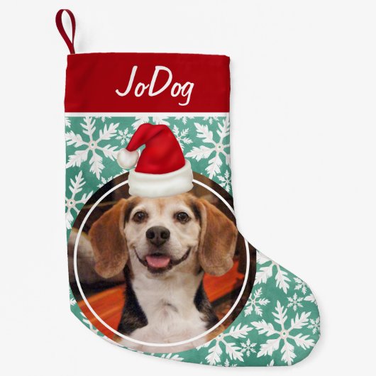 Foto van Pet met Red Santa Hat Green Snowflakes Kleine Kerstsok (Voorkant)