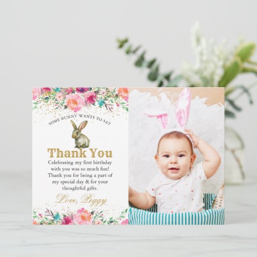 Foto van Pink Floral Bunny Birthday Hartelijk dank Bedankkaart (Staand voorkant)