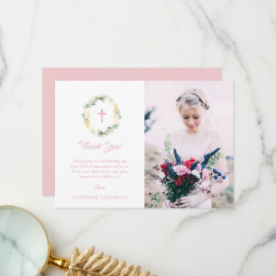 Foto van Pink Floral First Heilige Communie Bedankkaart