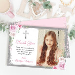 Foto van Pink Floral Silver First Heilige Communie Bedankkaart<br><div class="desc">Foto van Pink Floral Silver First Heilige Communauteit Foto Hartelijk dank</div>