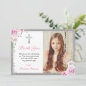 Foto van Pink Floral Silver First Heilige Communie Bedankkaart (Staand voorkant)