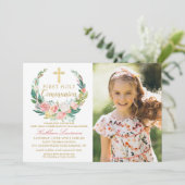 Foto van Pink Floral Wreath First Kaart (Staand voorkant)