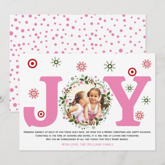 Foto van Pink Joy en kerst bloemenkrans Feestdagenkaart (Voorkant / Achterkant)