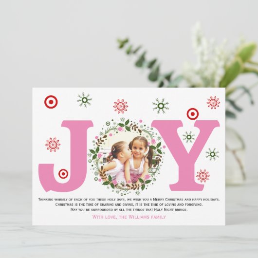 Foto van Pink Joy en kerst bloemenkrans Feestdagenkaart (Staand voorkant)