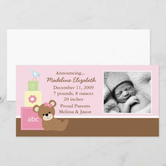 Foto van Pink Teddy Bear - Aankondiging van geboor (Voorkant / Achterkant)