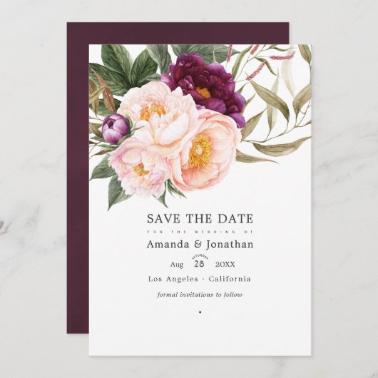 Foto van Plum and Peach Floral Wedding Save The Date (Voorkant / Achterkant)