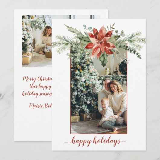 Foto van Poinsettia Evergreen Red Border 2 Kaart (Voorkant / Achterkant)