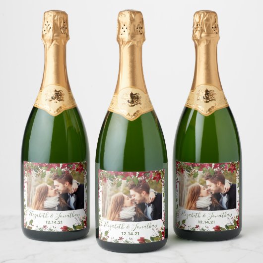 Foto van Poinsettia KerstFloral Greenery Champag Sparkling Wijnetiket (Flessen)