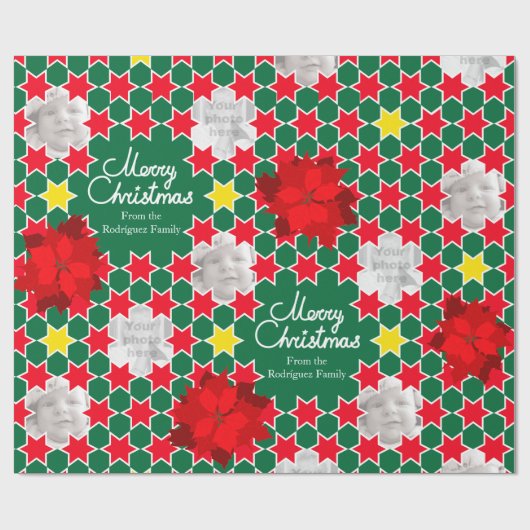 Foto van Poinsettia Star-roodgroene kerstfamilie Cadeaupapier (Vlak)
