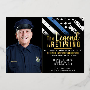 Foto van politie-aflossing op blauwe lijn folie uitnodiging