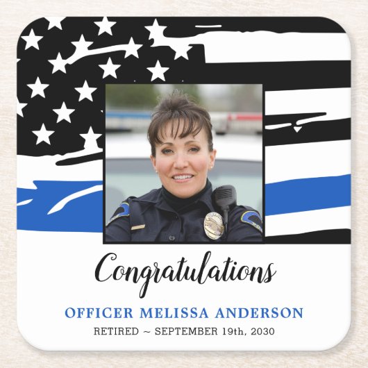 Foto van politie-oproeppartij met blauwe lijn kartonnen onderzetters (Voorkant)