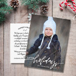 Foto van Prettige feestdagen met briefteringen Briefkaart<br><div class="desc">Vier het seizoen met dit leuke briefkaart Prettige feestdagen met je verticale foto en de handgeletterde woorden "Verticale" op de voorkant en je aangepaste notitie op de achterkant. Of verwijder, als u wilt, de getypte notitie op de achterkant en schrijf elk briefkaart afzonderlijk. Voeg je retouradres toe zodat je gemakkelijk...</div>
