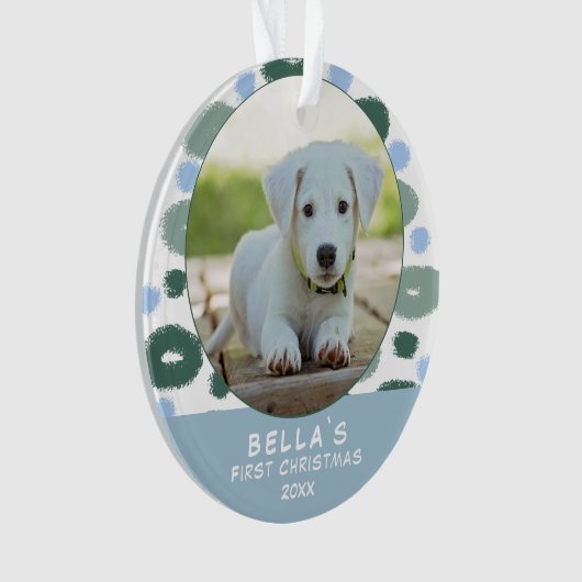 Foto van Puppy's eerste kerstfeest kleurrijk blauw Ornament (voorkant)