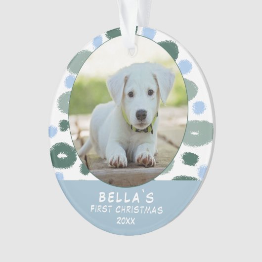 Foto van Puppy's eerste kerstfeest kleurrijk blauw Ornament (voorkant)