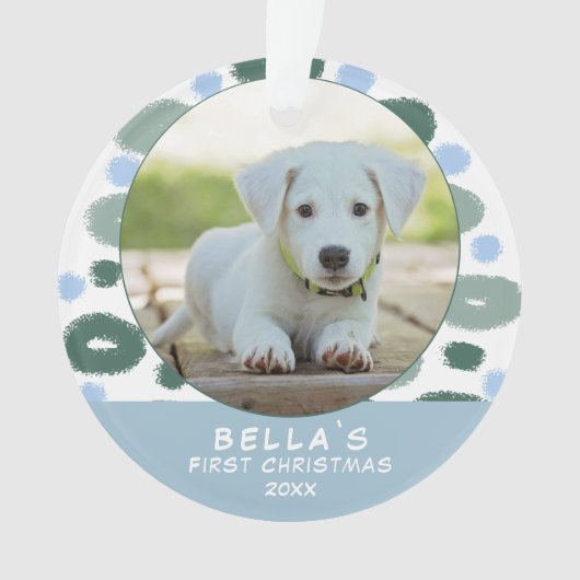 Foto van Puppy's eerste kerstfeest kleurrijk blauw Ornament (voorkant)