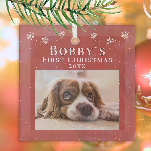 Foto van Puppy's eerste kerstfeest Red Snowflakes Glas Ornament