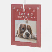 Foto van Puppy's eerste kerstfeest Red Snowflakes Glas Ornament (Voorkant links)