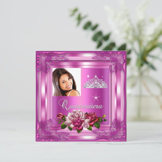 Foto van Quinceanera 15 Party roze rozen Kaart (Staand voorkant)