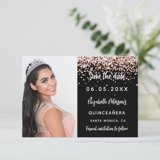 Foto van Quinceanera Black roos gold Save The Date (Staand voorkant)
