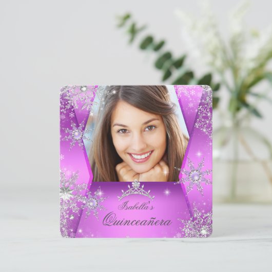Foto van Quinceanera Paars Pink Winter Wonderland Kaart (Staand voorkant)