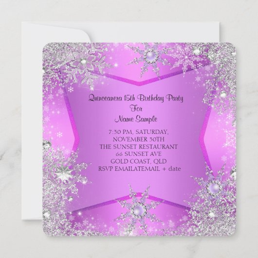 Foto van Quinceanera Paars Pink Winter Wonderland Kaart (Achterkant)