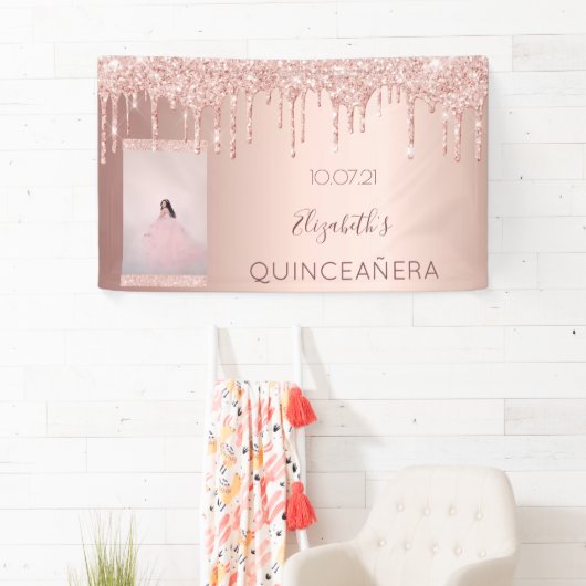 Foto van Quinceanera roos goud glitter welkom Spandoek (Insitu)