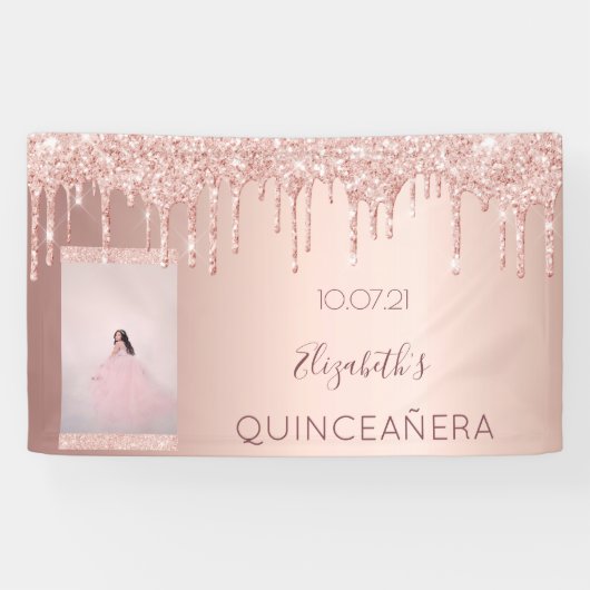 Foto van Quinceanera roos goud glitter welkom Spandoek (Horizontaal)