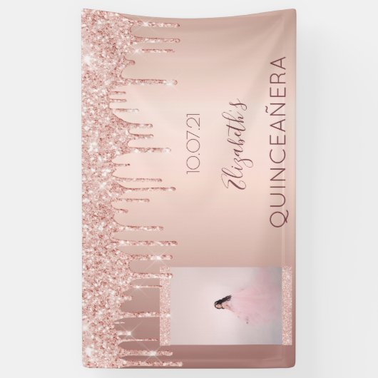 Foto van Quinceanera roos goud glitter welkom Spandoek (Verticaal)