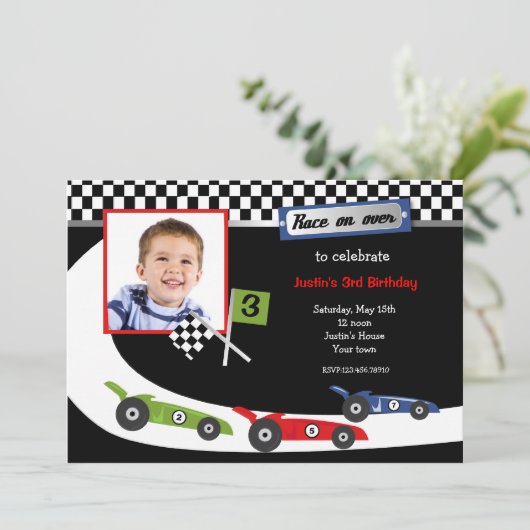 Foto van Race Car Birthday Party Kaart (Staand voorkant)