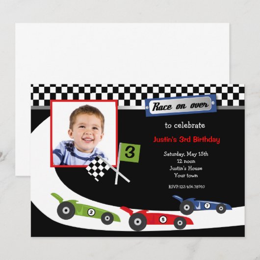Foto van Race Car Birthday Party Kaart (Voorkant / Achterkant)