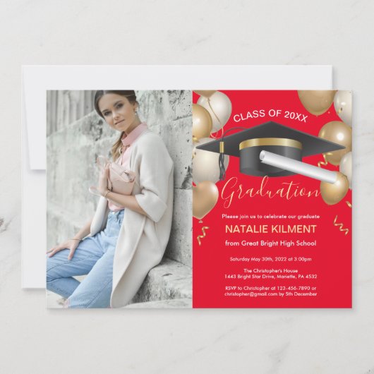 Foto van Red and Gold Afstuderen Pet Graduparty Kaart (Voorkant)