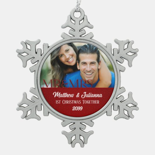 Foto van Red Damask 1 Kerstmis Tin Sneeuwvlok Ornament (Voorkant)