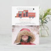 Foto van Red Firetruck Firefighter Boy Birthday Kaart (Staand voorkant)