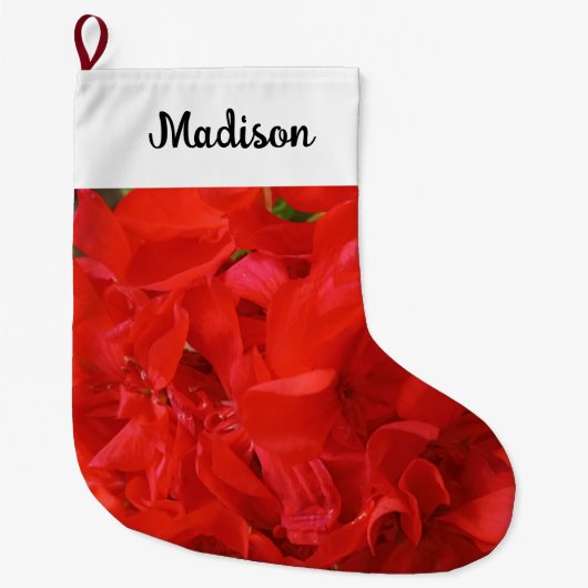 Foto van Red Geranium Flower Custom Name Grote Kerstsok (Voorkant)