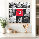 Foto van Red Monogram Vierkante Klok<br><div class="desc">Monogram familiefoto collage. Stomme huisdecor voor elke kamer. Pas dit douaneontwerp met uw eigen monogram initiaal of tekst aan.</div>